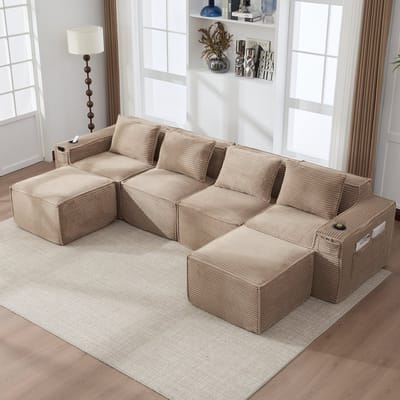 Moderne Hoekbank, U-Bank, 4-Zitsbank, Modulaire Corduroy Bank Voor 4 Personen Met 2 Voetenbankjes, Bekerhouders En Zijvakken: Verende Kern En Schuim Met Hoge Dichtheid – Vormvast, Gecomprimeerd Verpakt, Geen Montage Nodig-Khaki
