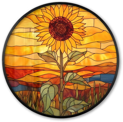 Poster in lijst Rond - Fotolijst 60x60 cm - Posters - Zonnebloem - Mozaïek - Zonsondergang - Geel - Ronde posterlijst zwart - Decoratie - Wanddecoratie woonkamer - Muurdecoratie slaapkamer