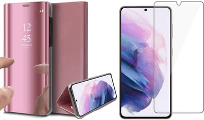 Hoesje geschikt voor Samsung Galaxy S21 FE - Book Case Spiegel Wallet Cover Hoes Roségoud - Tempered Glass Screenprotector