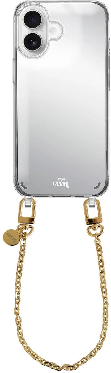 xoxo Wildhearts hoesje met spiegel geschikt voor iPhone 17 case - Dreamy Mirror Case - Kort koord - Siliconen telefoonhoesje met spiegel - Schokbestendig - Gouden schakelketting