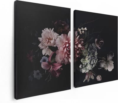 Artaza Canvas Schilderij Tweeluik Diverse Bloemen Op Zwart Achtergrond - 120x80 cm - Wanddecoratie Woonkamer - Schilderijen - Muurdecoratie