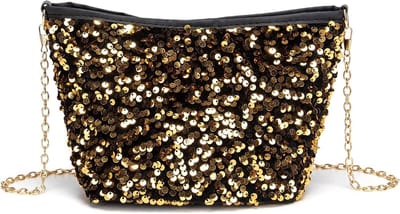 Elegante schoudertas met zwarte en gouden sequins, ideaal voor bruiloften, feesten en uitjes met kettingband
