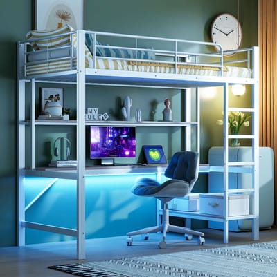 MEUNIQ Hoogslaper 90x200 cm met bureau, meerlaagse opbergrekken, trap, uitvalbeveiliging, LED-verlichting, USB en stopcontact, kinderkamer, wit