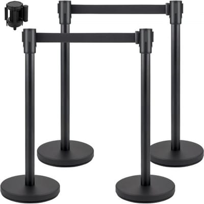 VEVOR Crowd Control Bollards, 4-delige set met 2 m zwarte oprolbare band, crowd control systeem, afzetlint, afzetpalen met betonnen en metalen voetstukken