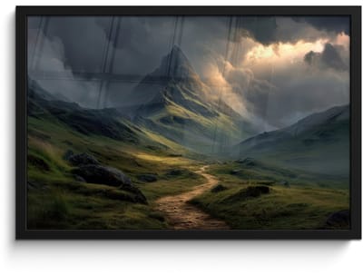 Poster in lijst - Fotolijst 60x40 cm - Posters - Bergen - Kronkelpad - Groen - Wolken - Posterlijst zwart - Decoratie - Wanddecoratie woonkamer - Muurdecoratie slaapkamer