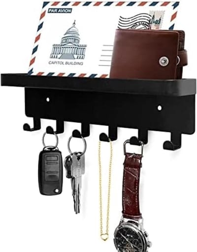PromoHome Wand Sleutelhouder met 6 Haken en Opberglade - Zwarte Sleutelrek met Plank voor Hal, Entree en Keuken - Organizer voor Sleutels, Post en Kleine Spullen