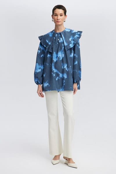 Touché Privé - Bedrukt overhemd met brede kraag - Blauw - Dames