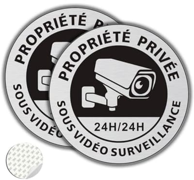 Private Property Surveillance Panel - Brushed Aluminum - 2 Pieces - φ167 mm - Self-Adhesive