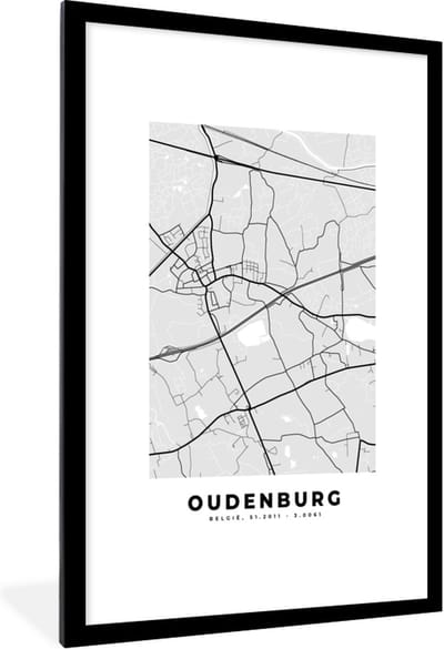 Fotolijst incl. Poster Zwart Wit- Stadskaart – Zwart Wit - Kaart – Oudenburg – België – Plattegrond - 80x120 cm - Posterlijst