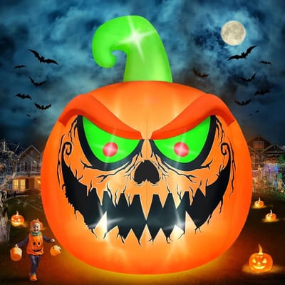 Giant 15FT Opblaasbare Pompoen voor Halloween - Tuinversiering met Groene en Rode Ogen, Perfect voor Feesten en Buitendecoratie