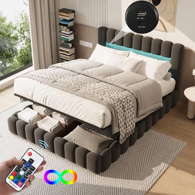 Gestoffeerd bed 180x200cm met LED-verlichting, USB-poort en opbergruimte. Hydraulische stang, gewatteerd hoofdbord, grijze linnen stof, ingebouwd matrasontwerp, exclusief matras