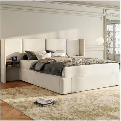 KOMHTOM Gestoffeerd bed 160 x 200 cm, met USB-poort, stopcontact, nachtkastje, velours, beige