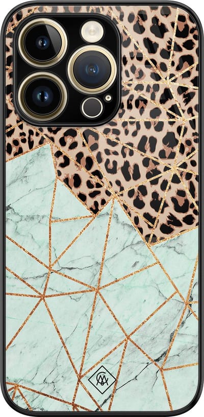 Casimoda® hoesje - Geschikt voor iPhone 14 Pro - Luipaard Marmer Mint - Luxe Hard Case Zwart - Backcover telefoonhoesje - Bruin