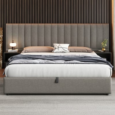 Bedframe met opbergruimte 180 x 200 cm met brede vleugels en 2 nachtkastjes, hydraulisch bed Tweepersoonsbed met lattenbodem, geschikt voor volwassenen en tieners, in linnen, grijs + zwart(Matras niet inbegrepen)