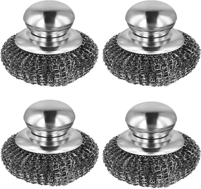 Set van 4 Rvs Schuursponsen met Handvat - Herbruikbare Metalen Keuken Sponsen voor Afwas, Pannen en Gootsteen Reiniging