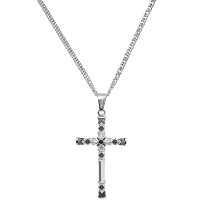 Vasilios Zilverkleurige Kruisketting met Zwarte Zirkonen