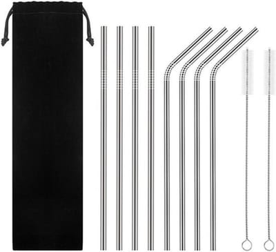 RVS rietjes - Set van 8 herbruikbare rietjes - 4 recht 4 gebogen - 21 cm - Stijlvol - Incl 2 schoonmaakborstels en bewaarzak - Zilver