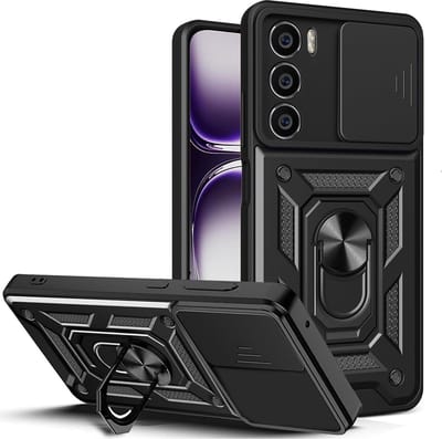 Casemania Hoesje Geschikt voor Oppo Reno 12 Pro - Zwart - Anti-Shock Hybrid Armor Back Cover - Hoes met Kickstand Ring en Camera Bescherming