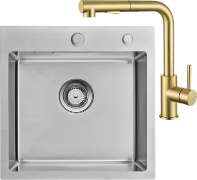 Auralum max Spoelbak RVS 45x45 cm - Spoelbakken Keuken Met Goud Keukenkraan met Uittrekbare Uitloop - Wasbak Keuken - Met Kraangat - incl. Afvoerzeefje en Sifon