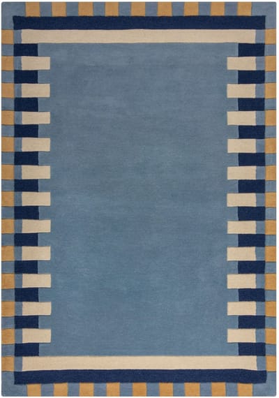 Flycarpets Laagpolig Wollen Vloerkleed Kai - Kader - Lijstmotief - Blauw / Geel 160x230 cm