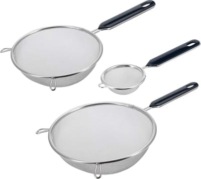 Zeef Set 3 stuks, Theezeef Diameter 7 cm + huishoudelijke Zeef Diameter 16 cm + 20 cm, traditioneel, Kunststof / Roestvrij Staal, Zilver / Zwart 128122E6