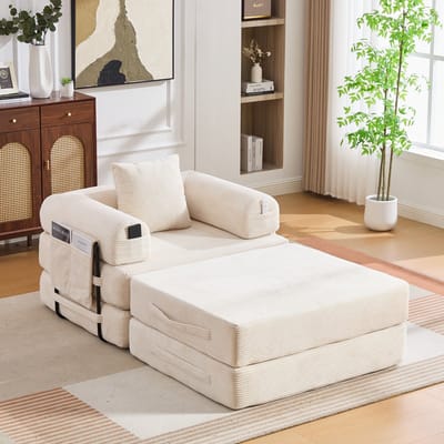 HAUSS SPOLE Voetenbank - Uitklapbare Poef Tot Eenpersoons Slaapfauteuil - Ruimtebesparend Voor Woonkamer En Logeerkamer - Cord Beige
