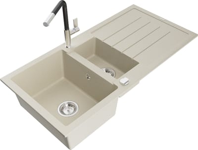 Mexen Andres granieten spoelbak 1,5-kamerig met afdruiprek en Flora keukenkraan, beige - 6515-69-670401-07