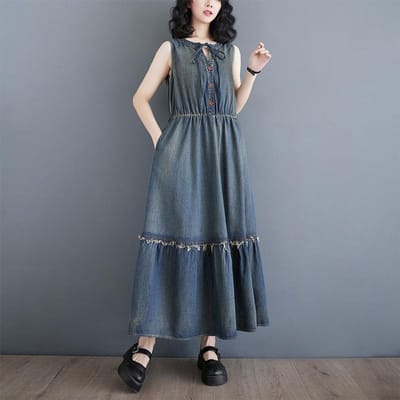 Grote Maat Zomer Dames Denim Mouwloze Jurk Casual Los Oversized Lang Vintage Geplooide Jurk 2XL