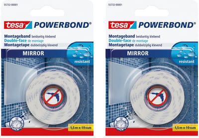 Tesa Montagetape dubbelzijdig - 2x rol - voor spiegels - 1,5 meter - waterproof - bevestigingstape