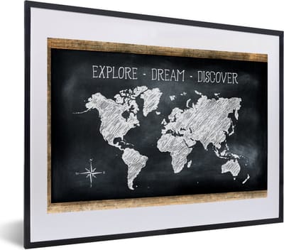 Poster in lijst - Fotolijst 60x40 cm - Posters - Wereldkaart - Krijtbord - Quote - Posterlijst zwart - Decoratie - Wanddecoratie woonkamer - Muurdecoratie slaapkamer