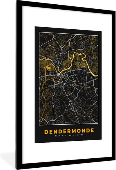 Fotolijst incl. Poster - Dendermonde - Goud - Kaart - Stadskaart - Plattegrond - 80x120 cm - Posterlijst
