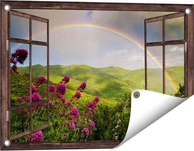 Gards Tuinposter Doorkijk Regenboog in de Heuvel Bossen - 60x40 cm - Tuindoek - Tuindecoratie - Wanddecoratie buiten - Tuinschilderij