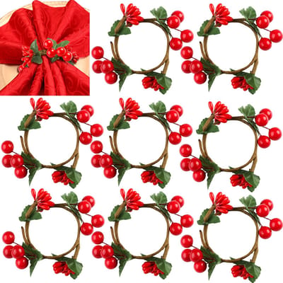 Kerst Servet Ringen 8 Stuks Rode Bessen Servethouders Ring Handgemaakte Kerst Rustieke Servet Houders Kunstmatige Servet Gesp voor Verjaardag Feest Thanksgiving Nieuwjaar Diner Tafel Decor