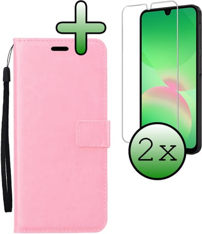 Hoesje Met 2x Screenprotector - Geschikt voor Samsung Galaxy A26 - Luxe Pasjeshouder - Bookcase Portemonee - Flip Case - Kunstleer Book Case - Flipcase Hoes - Book Cover - Walletcase - Portemonneehoes - Lichtroze