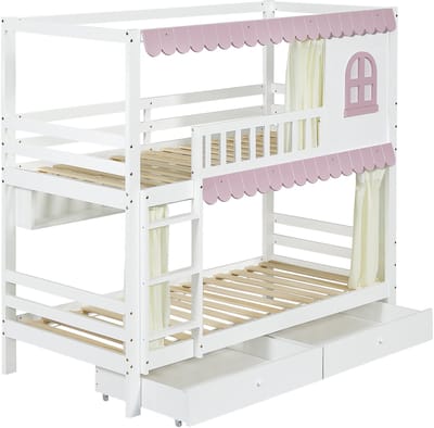 REDOM stapelbed met ramen en gordijnen – Wit/roze – EN747 – 90x200 cm – Opberglades en open vakken