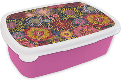 Broodtrommel Roze - Lunchbox - Brooddoos - Bloemen - Patroon - Lijn - 18x12x6 cm - Kinderen - Meisje