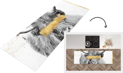 Keukenloper - Loper keuken - Schotse hooglander - Zwart - Wit - Goud - 150x50 cm - Keukenloper vinyl