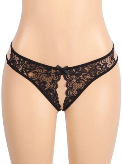 Zwarte Kanten String met Open Kruis – Black Lace Thong with Open Crotch - Sexy Erotische Dames Lingerie – Maat L