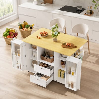 Keukeneiland buffetkast 120 x 45 (70) x 92 cm - Eetwagen - Vrijstaande keukenkasten - Met opbergruimte - Met 2 lades, kruidenrek en handdoekenrek - Voorzien van een opklapbaar werkblad - Vergrendelbare zwenkwielen - Natuurlijk houtkleur, wit