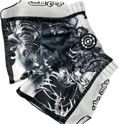 Fluory Muay Thai Shorts "Tiger vs Dragon" Zwart Wit - XS