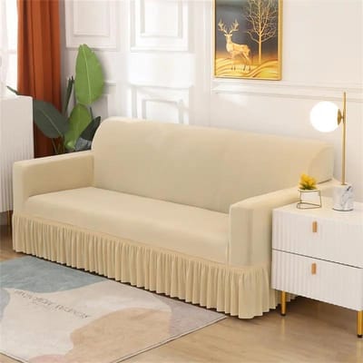 Housse de canapé élastique de couleur unie avec jupe, décoration d'intérieur, housse de protection antidérapante pour meubles Small beige