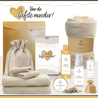 Geschenkset “Voor de liefste moeder!” - 11 producten - 1660 gram | Triomf Original - Giftset voor haar Cadeau Moederdag Luxe Wellness Pakket Vrouw Speciaal Cadeaupakket Bedankt Geschenk Lieve moeder Verjaardag Kerst Kerstpakket Gift Set Goud Crème
