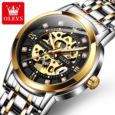 HO-9901.gz-zw : Olevs goudzilverkleurig automatisch/mechanisch edelstaal heren skeleton horloge, zwarte wijzerplaat, 3BAR, tourbillon, luminiscerend