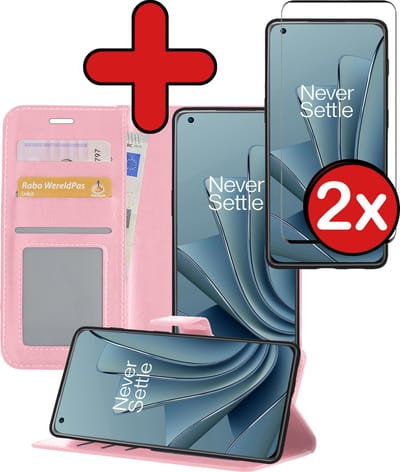 Hoesje - Met 2x Screenprotector - Geschikt voor OnePlus 10 Pro - Luxe Pasjeshouder - Flip Case - Bookcase Portemonee - Kunstleer Book Case - Flipcase Hoes - Book Cover - Walletcase - Portemonneehoes - Telefoonhoes - Lichtroze