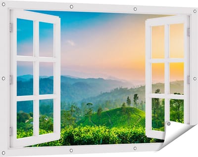 Gards Tuinposter Doorkijk Zonsondergang op een Thee Plantage - 120x80 cm - Tuindoek - Tuindecoratie - Wanddecoratie buiten - Tuinschilderij