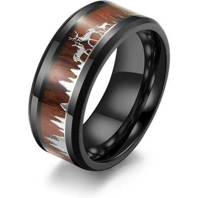 Bos Eland Kudde Titanium Stalen Ringen voor Mannen en Vrouwen Houten Houtnerf 7# black
