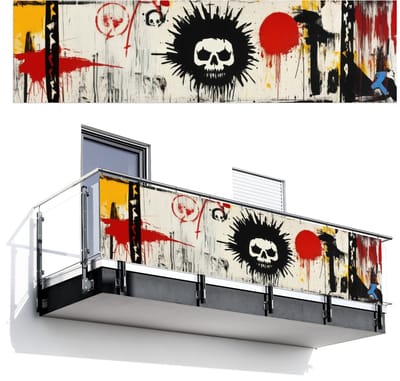 Balkonscherm 300x80 cm - Balkonposter Graffiti - Schedel - Abstract - Rood - Balkon scherm decoratie - Balkonschermen - Balkondoek zonnescherm