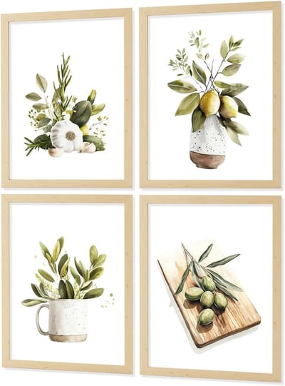 Wanddecoratie Keuken Set - Aquarel Prints - Keuken Decoreren - Mediterrane Stijl - A4 Formaat - Multi