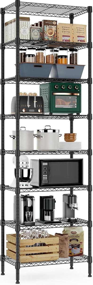 MZG Metalen Stellingkast, 8-Laags Opbergrek met Verstelbare Planken, Hoge Draadstelling voor Berging, Garage, Voorraadkast en Wasruimte, 35×60×201,8 cm, Draagvermogen tot 908 kg, Zwart