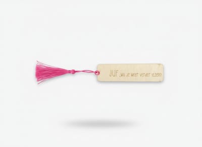 Hip met Pit Creaties Boekenlegger Juf - Houten met flos - 9x3 cm - "Wil je weer verder lezen?" - Cadeau juf